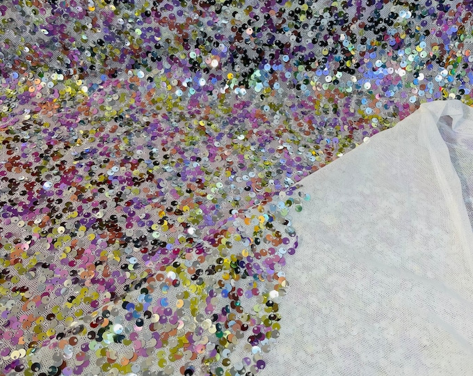Multi Color Sequin Fabric - by the yard - On White Spandex Mesh 4 Way Stretch Sequins Fabric, Lace sequins Prom-Gown