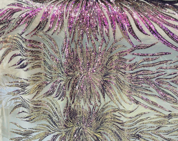 New Purple Iridescent Sequin Fabric 4 Way Stretch Phoenix Wing Sequin Spandex Mesh Fabric for Prom Gala Gown Sold By Yard