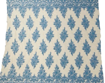 Baby Blue Beaded Lace Fabric: Embroidered Floral Bridal Wedding Dress Material