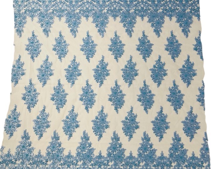 Baby Blue Flower Beaded Fabric by the yard - Embroidered Beaded With Sequins Wedding Bridal Fabric | Lace Beaded