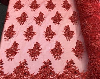 Red Floral Lace Fabric: Embroidered Sequins Mesh, Bridal Gown Lace By The Yard