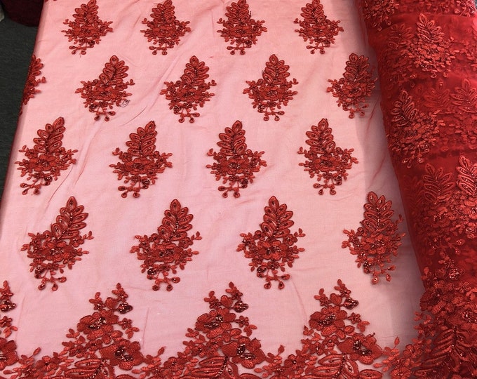 Red Lace - Floral Lace Fabric, Embroidery With Sequins on a Mesh Lace Fabric By The Yard For Gown, Wedding-Bridal (Choose The Quantity)