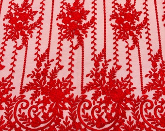 Red Floral Embroidery Lace Fabric: Scalloped Edge Mesh, Bridal Gown