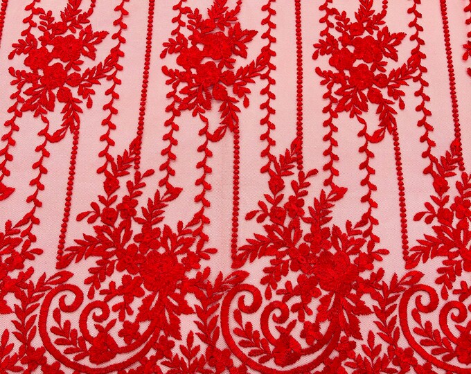 Red Floral Lace Fabric, Embroidery on a Mesh Lace Fabric For Gown, Wedding-Bridal-Dress By The Yard