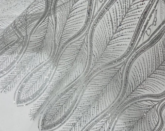 Silver Glitter Sequin on White Mesh Lace Fabric By The Yard for Wedding Decor, Damask Glitter Sequin Fabric Bridal/Prom, Shimmer Glitter