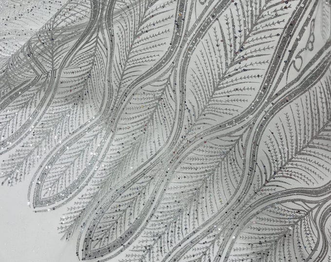 Silver Glitter Sequin on White Mesh Lace Fabric By The Yard for Wedding Decor, Damask Glitter Sequin Fabric Bridal/Prom, Shimmer Glitter