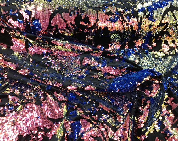 Iridescent Rainbow Sequin on Black Stretch Velvet With Luxury Reversible Sequins Shining Sequins 2-way Stretch 58/60” (Choose The Measure)