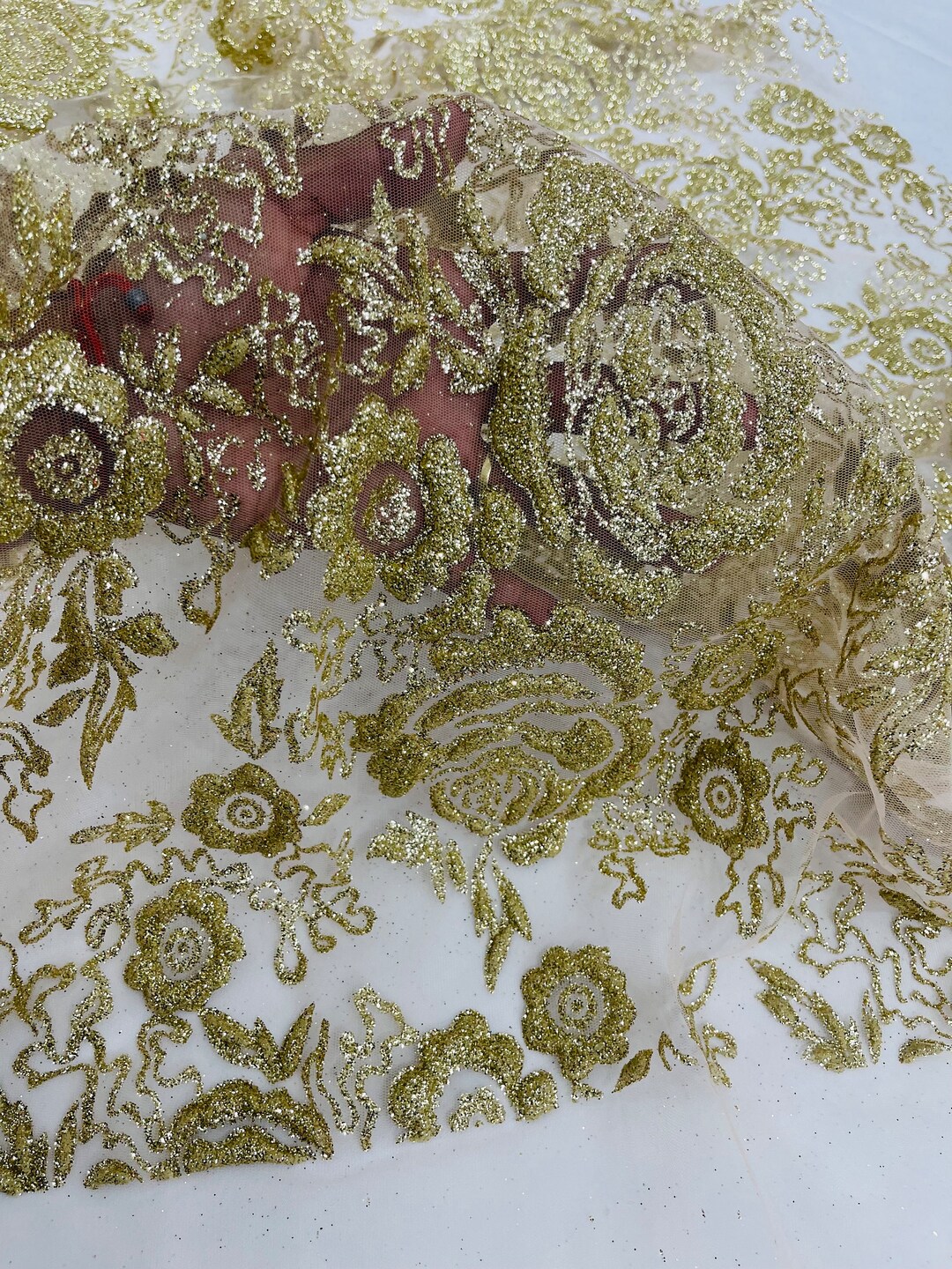 Gold 3D Chunky Glitter Flower Lace by the Yard, Tulle Glitter Fabric ...