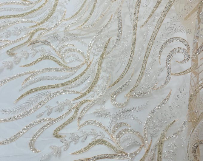 Clear Beaded Lace Fabric Nude Mesh: Embroidered Floral Mesh, Bridal Gown Material