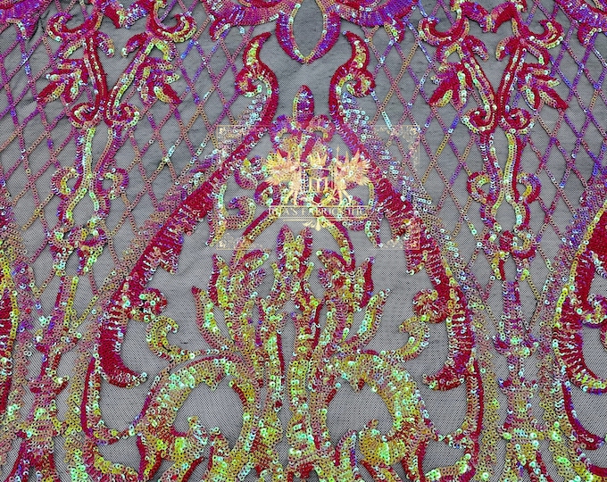 Fuchsia/Orange Iridescent Sequins Fabric | 4 Way Stretch Mesh | Embroidered Damask Design With Iridescent Sequin Lace Prom-Gown by the yard