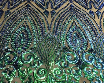 Green Iridescent Geometric Sequins Mesh Fabric - 4 Way Stretch