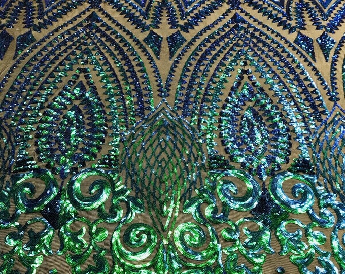 Green Iridescent/Black - 4 Way Stretch Geometric Sequins Bella Design on Mesh Fabric for Prom Gala Gown Sold By The Yard