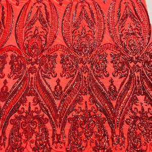 Paillettes rosse - Paillettes con motivo damascato grande ed elastico in 4 direzioni su tessuto per abito da ballo e gala in rete di spandex, tagliato su misura