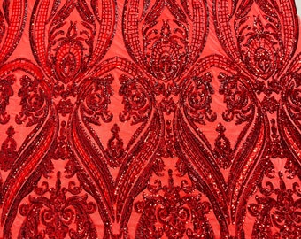 Red Sequins - 4 Way Stretch Fancy Big Damask Design Sequins on Spandex Mesh Prom Gala Gown Fabric By The Yard