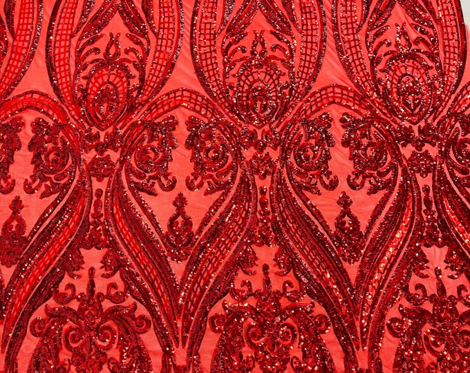 Red Sequins - 4 Way Stretch Fancy Big Damask Design Sequins on Spandex Mesh Prom Gala Gown Fabric By The Yard