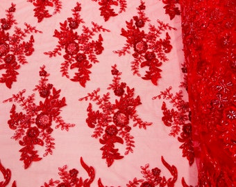 Red Flower Cluster Beaded Fabric | by the yard | Embroidered Beaded Layered Border Fabric, Lace Beaded