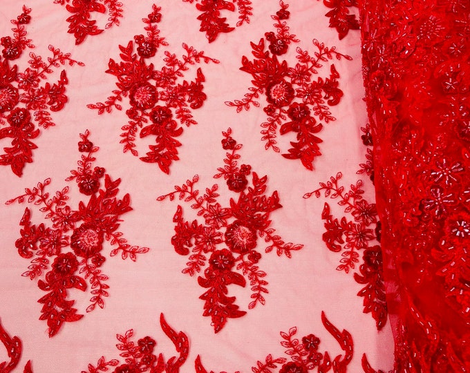 Red Flower Cluster Beaded Fabric | by the yard | Embroidered Beaded Layered Border Fabric, Lace Beaded