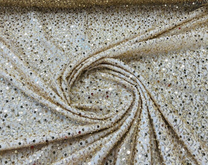 Lt Gold Embroidery Beaded Fabric By The Yard With Sequin Fabric, Sequin on Mesh Fabric, Handmade Lace, Beads on a Mesh