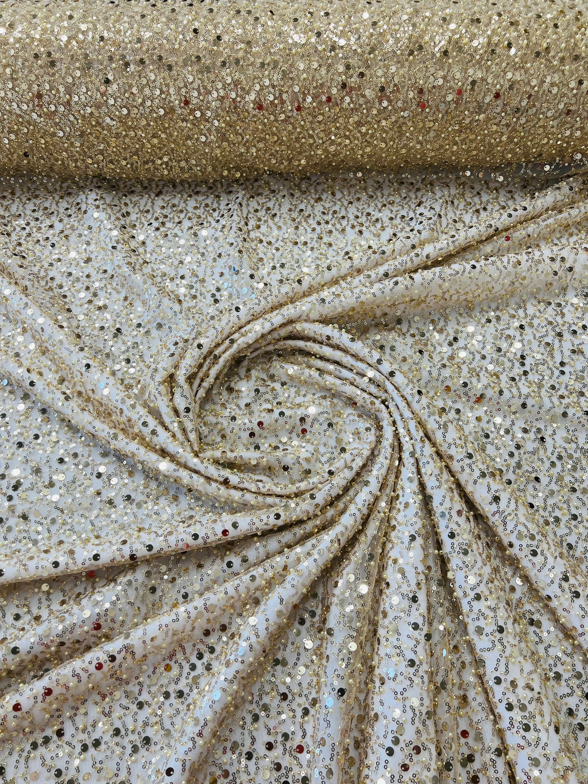 Lt Gold Embroidery Beaded Fabric By The Yard With Sequin Fabric, Sequin on  Mesh Fabric, Handmade Lace, Beads on a Mesh
