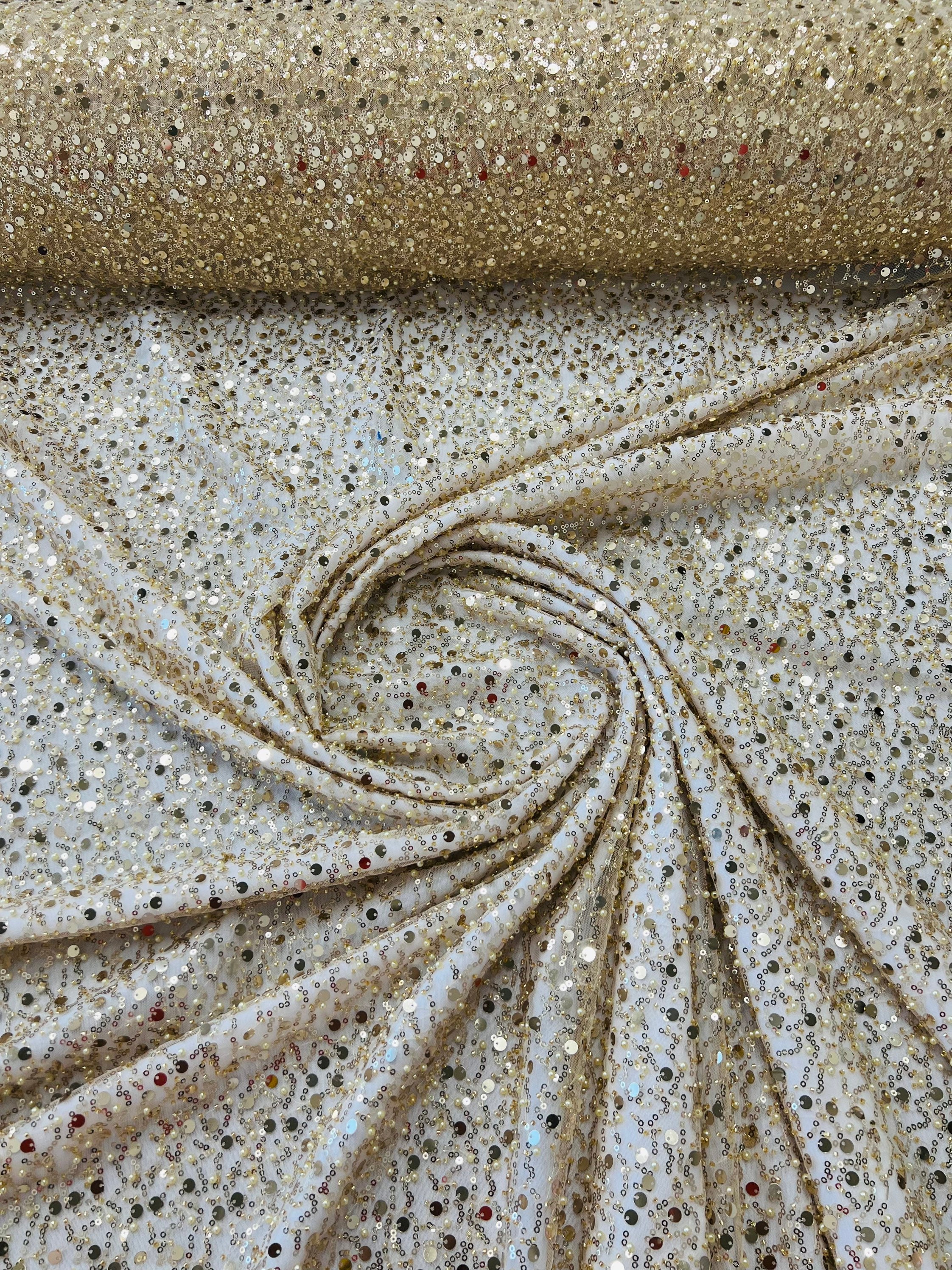 Lt Gold Embroidery Beaded Fabric By The Yard With Sequin Fabric