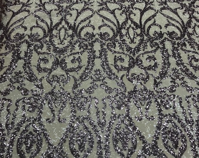 Two Tone Pink Sequins Lace Fabric On Mesh Damask Design Embroidered On 4way Stretch Sequin By The Yard -Prom-Gown ( Choose The Size )