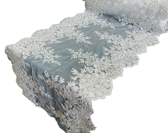 Metallic Silver/white 14”Wide Floral Lace Fabric For Runner, by the yard - Embroidery With Sequins on a Mesh Lace Fabric For Applications