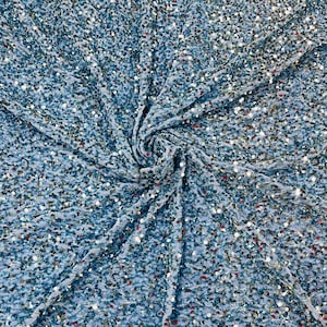 Baby Blue Sequin on Stretch Velvet With Partial Luxury Sequins  5mm Shining Sequins 2-way Stretch 58/60” (Choose The Quantity)