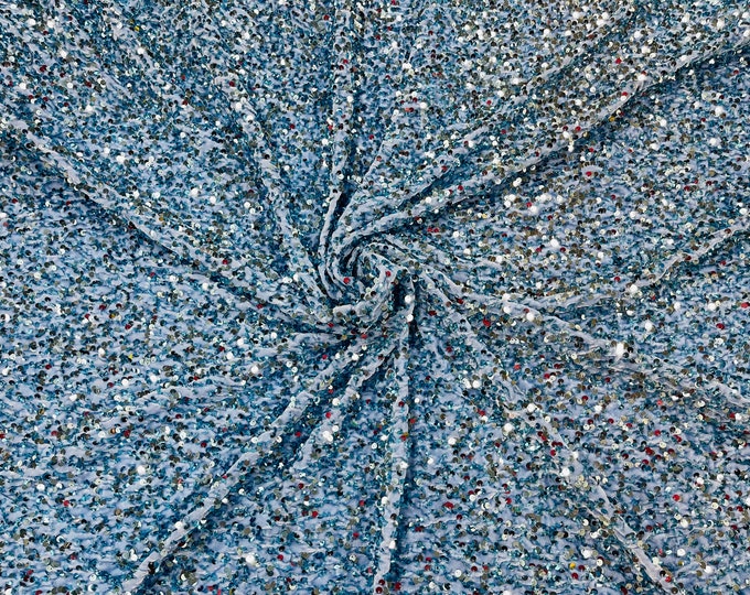 Baby Blue Sequin on Stretch Velvet With Partial Luxury Sequins  5mm Shining Sequins 2-way Stretch 58/60” (Choose The Quantity)