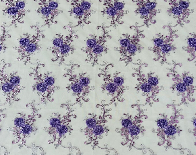 Purple Floral Lace Fabric - By The Yard - Embroidery Flower With Sequins on a Mesh Lace Fabric For Gown, Wedding-Bridal