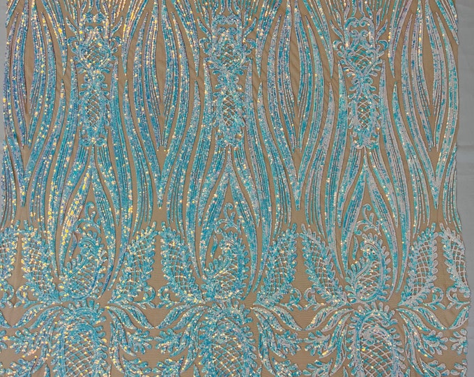 Aqua/Blue Iridescent Sequin Fabric on Nude Mesh - by the yard - Paisley Pattern on a 4 Way Stretch Shine Sequins Fabric Mesh-Prom-Gown