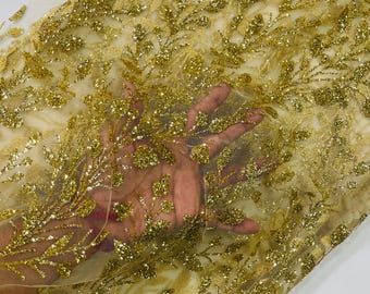 Gold Glitter Fabric on Mesh Lace Fabric By The Yard for Wedding Decor/ Glitter Fabric  Bridal/Prom/Shimmer/Luxury Sparkle