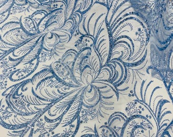 Blue Glitter Mesh Quinceanera Lace Fabric, Glitter Damask Prom Dresses, Nightgowns, Fashion Apparel