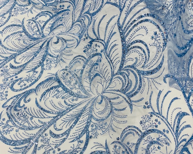 Blue Glitter Mesh Quinceanera Lace Fabric, Glitter Damask Prom Dresses, Nightgowns, Fashion Apparel