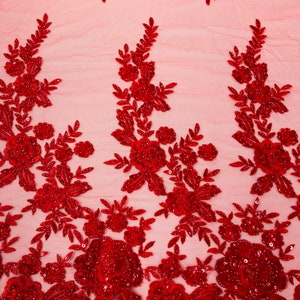 Red Floral Beaded Lace Fabric: Embroidered Sequins Bridal Wedding - Sold By The Yard