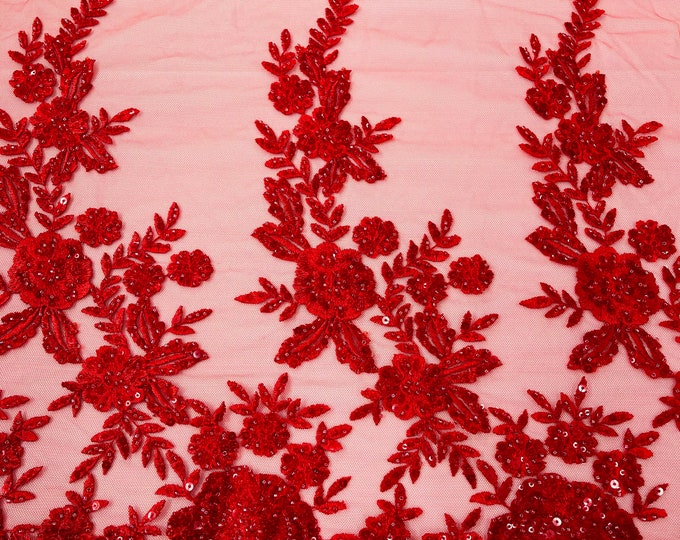 Red Floral Pattern Beaded Fabric - Embroidered Beaded & Sequins Wedding Bridal Fabric | Lace Beaded | Sold By The Yard
