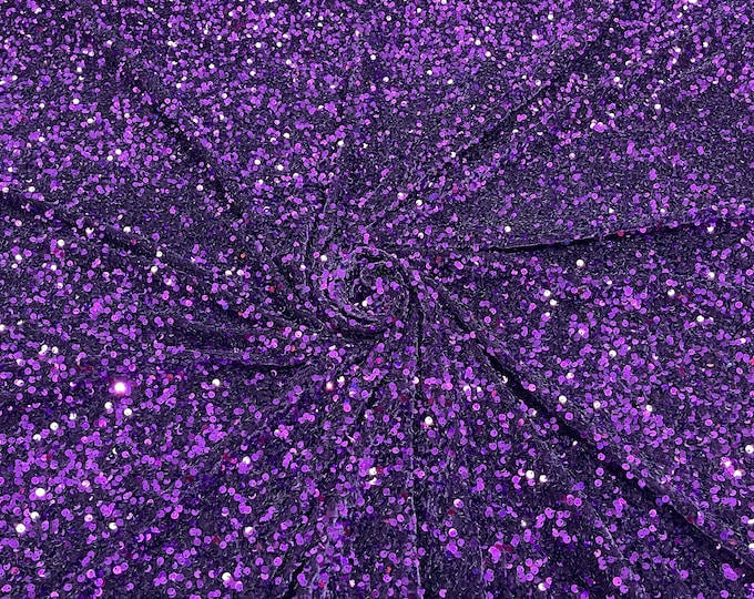 Purple Sequin Fabric on Stretch Velvet - by the yard - all Over 5mm Sequins Velvet 2-way Stretch 58/60”