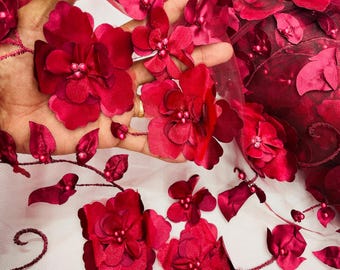 Burgundy 3D Floral Lace Fabric with Pearls - Prom Dress Fabric By The Yard
