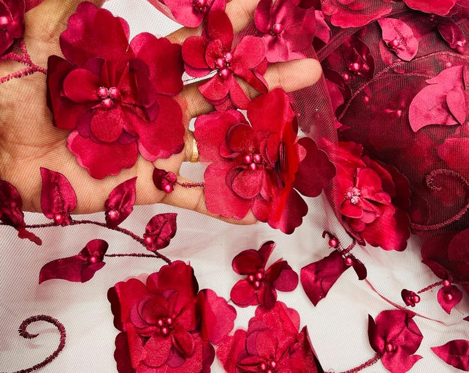 Burgundy Orquidia 3D Floral Design Embroider With Pearls On a Mesh Lace Fabric, Orquidia Big 3D Flower Lace Fabric | Prom-Dress By The Yard