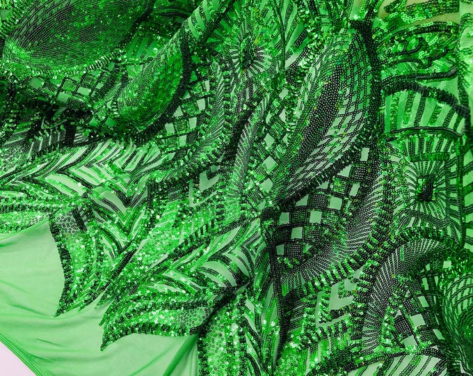 Emerald Green Sequin Fabric | By The Yard | 4 Way Stretch Royalty Design Sequins on Mesh Prom Gala Gown Fabric