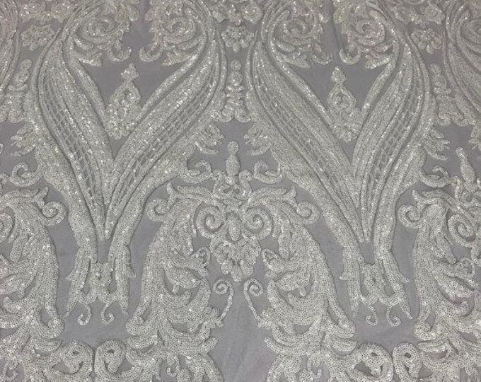 White Sequin  - 4 Way Stretch Fancy Big Damask Design Sequins on Spandex Mesh Prom Gala Gown Fabric By The Yard