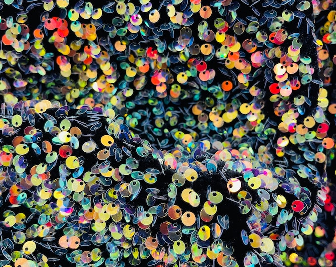 Iridescent Multi-Color Sequin on Black Stretch Velvet With Luxury Sequins all Over 5mm Shining Sequin 2-way Stretch 58/60” (Choose The Size)