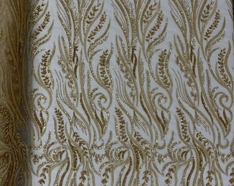 Gold Beaded Floral Lace Fabric: Embroidered Sequin Mesh, Bridal Design by the yard