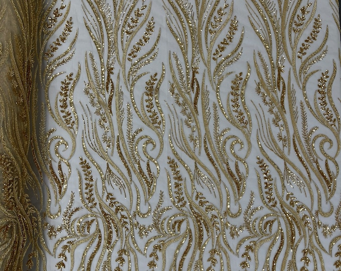 Gold Beaded Fabric by the yard, Embroidered With Beaded Sequin on a Mesh, Floral Bridal Lace Fabric (Pick a size )