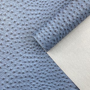 Puede incluir: Primer plano de un rollo de tela de cuero sint&eacute;tico azul con un patr&oacute;n texturizado y punteado. La tela est&aacute; parcialmente enrollada, revelando un reverso blanco. El material tiene un acabado suave y mate, adecuado para varios proyectos de artesan&iacute;a.
