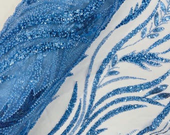Blue Beaded Lace Fabric: Embroidered Leaf Pattern, Bridal Wedding Fabric