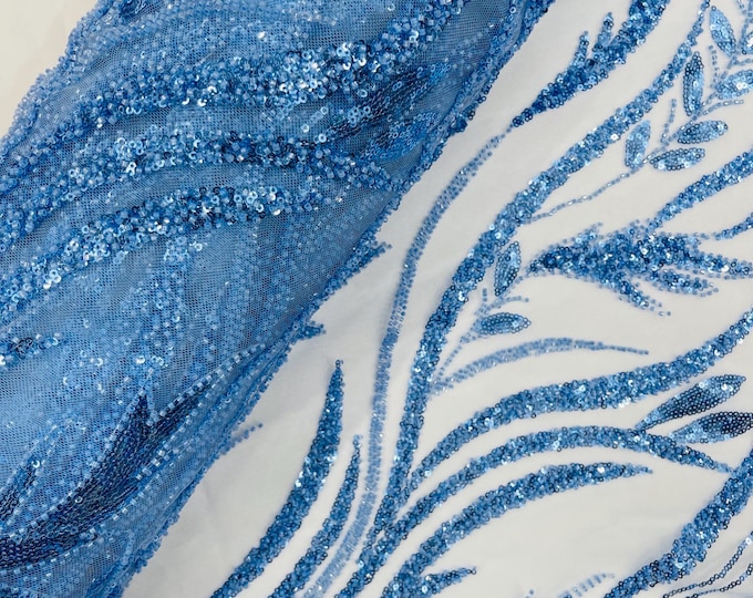Blue Beaded Lace Fabric: Embroidered Leaf Pattern, Bridal Wedding Fabric
