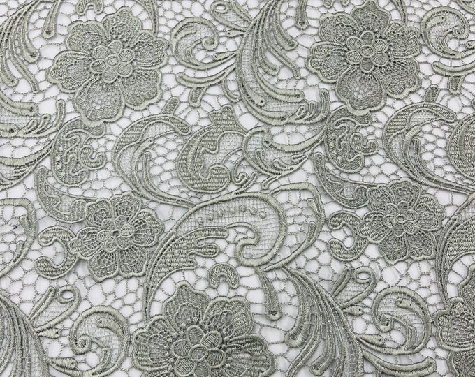 Mia Fabrics Inc, Silver Guipure Lace Fabric Floral Bridal Lace Guipure Wedding Dress by the Yard (Pick a Size)