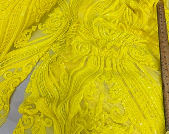 Yellow Damask Sequin Fabric: 4-Way Stretch Spandex Mesh, Prom Gown Material