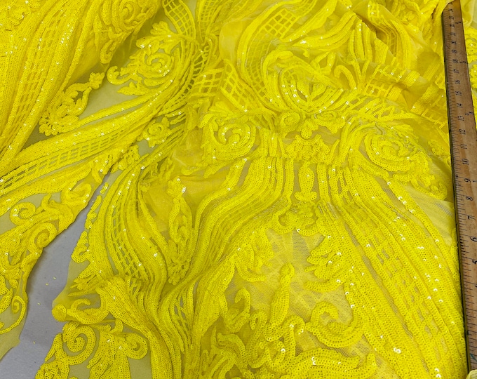 Yellow Sequin  - 4 Way Stretch Fancy Big Damask Design Sequins on Spandex Mesh Prom Gala Gown Fabric By The Yard
