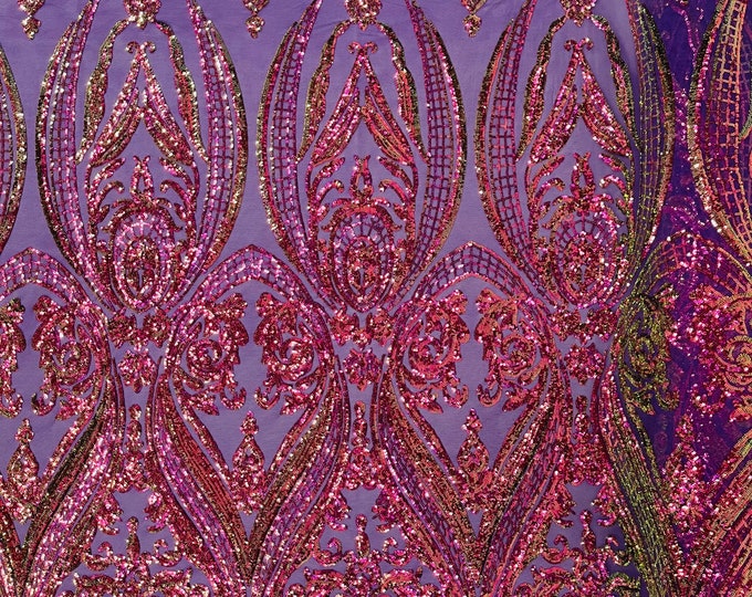 Purple Iridescent Sequin - 4 Way Stretch Fancy Big Damask Design Sequins on Spandex Mesh Prom Gala Gown Fabric By The Yard
